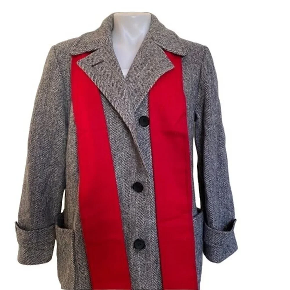 Vintage Charles Klein Wool Double Breasted Coat Grey With Red Scarf Women’s Sz L - Picture 4 of 13
